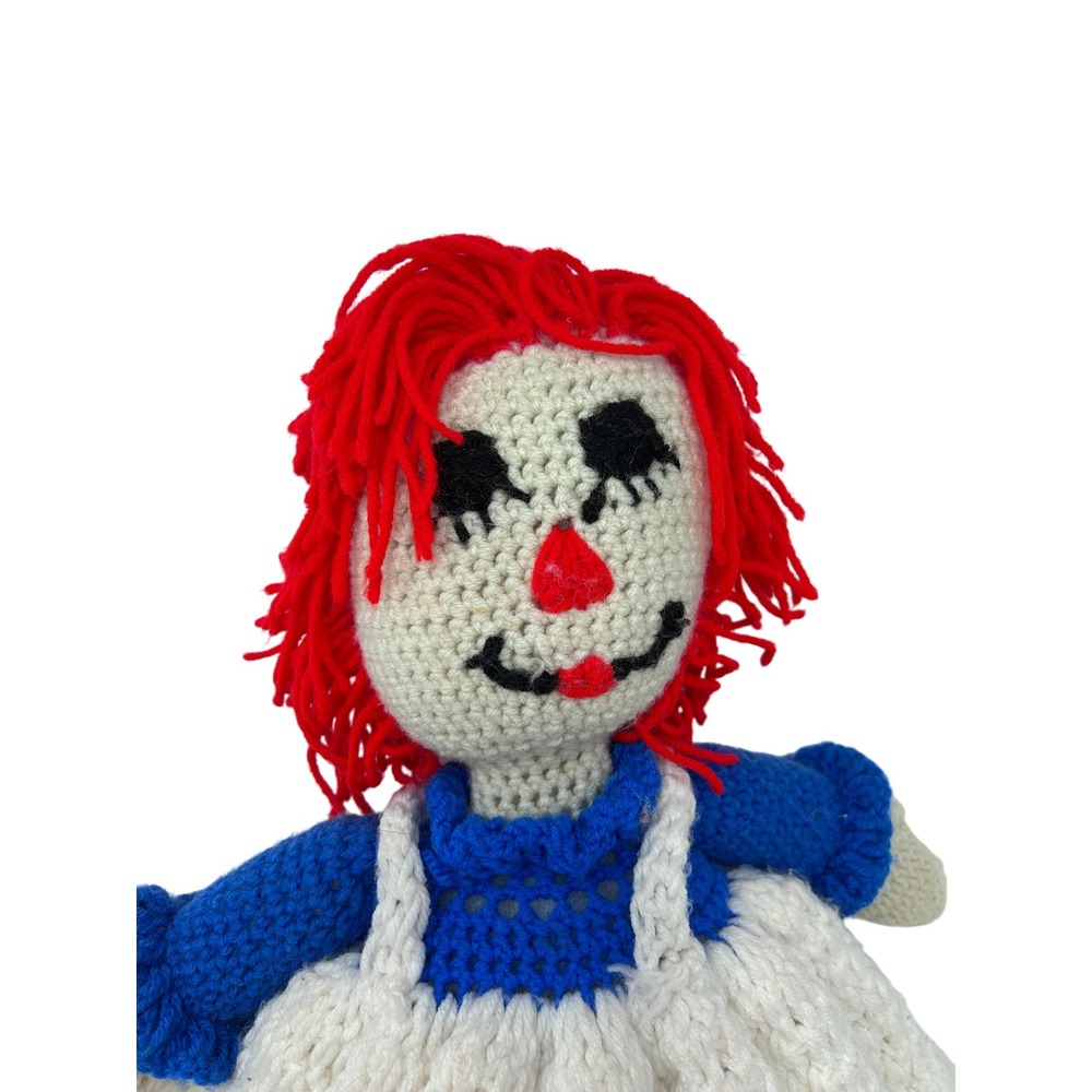 Handmade Crochet Raggedy Ann Doll Red Yarn Hair Blue Dress White Apron 24 inch - Picture 2 of 9